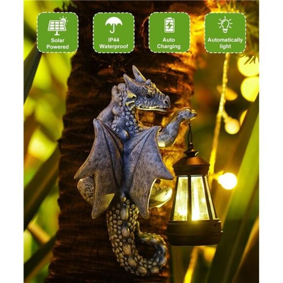 Dragon Tree Hugger with Solar Lantern - 9.3 Inch Resin...